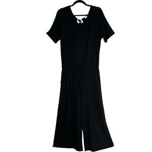 ZENANA Black Knit Short Sleeve Jumpsuit Size Wide Leg Culotte Tie Waist PLUS 1X